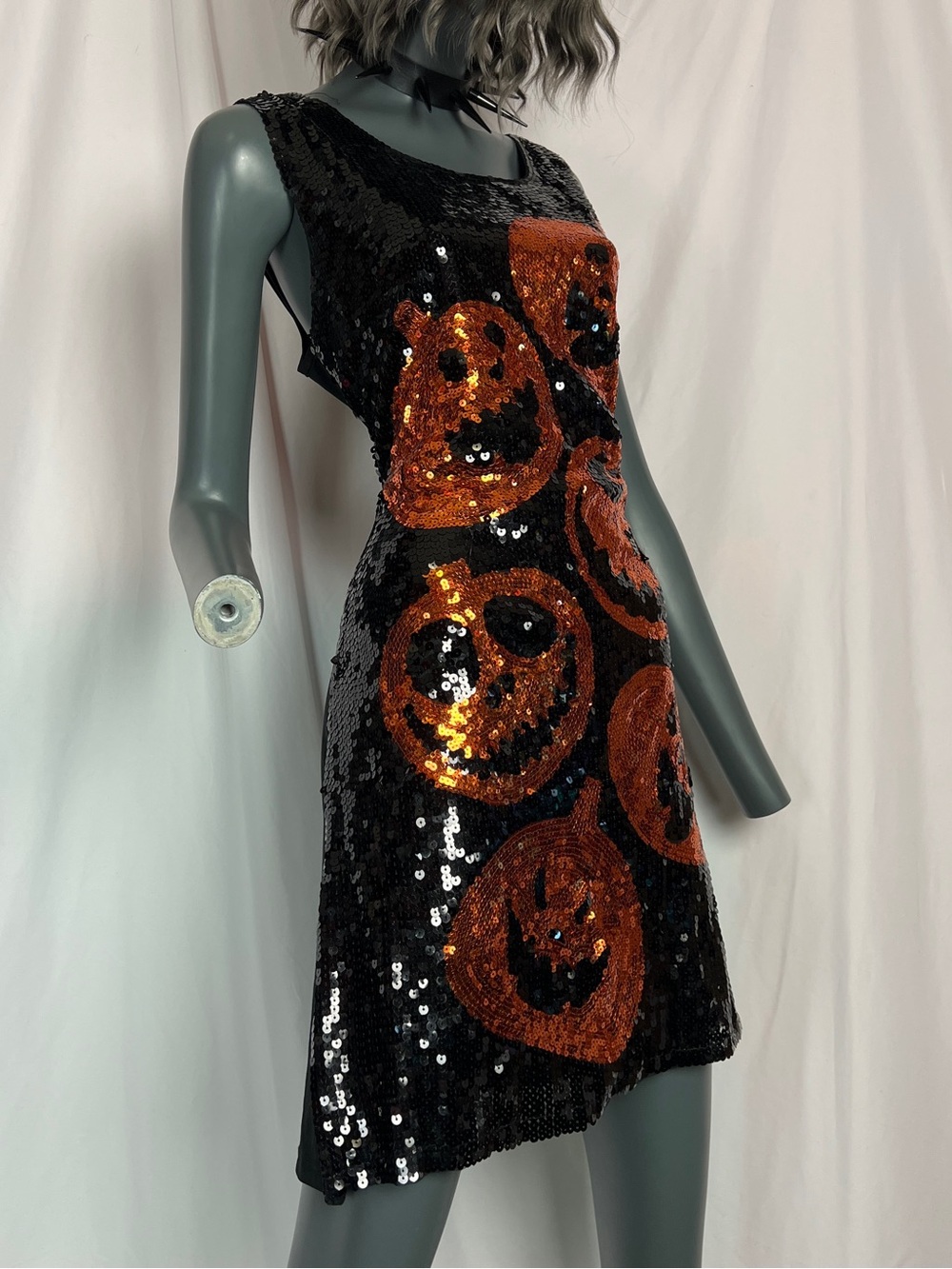 Black & Orange Pumpkin Head Sleeveless Sequin Dress
